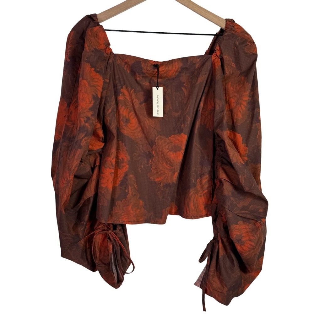 Banana Republic Floral Puff Sleeve Top Brown Orange Square Neck Small NWT - Picture 3 of 6